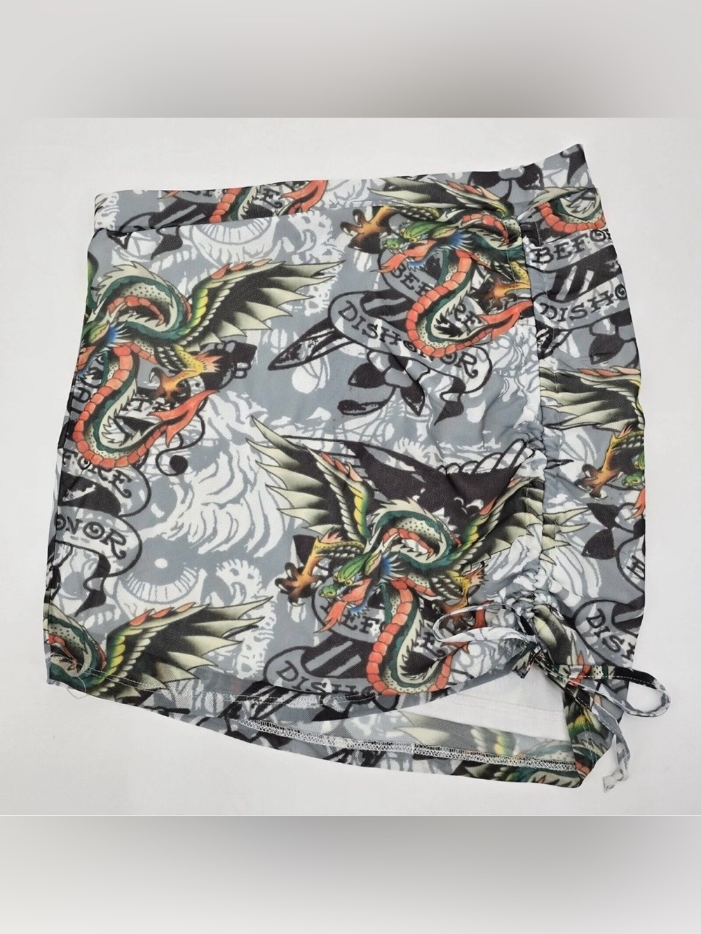 Ed Hardy Dragon Wings Tattoo Mesh Y2K Mini Skirt Side Tie Women's Bodycon NWT